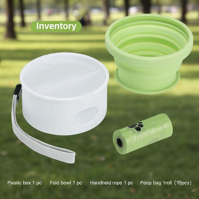 LINMENGSHU The Foldable Dog Water Bottle and 3-in-1 Snack and Garbage Bag Storage Box are the First Choice for Outdoor Activities, Equipped with 1 roll of Garbage Bags and a Garbage Hanging Ring.