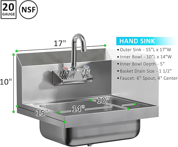 Stainless Steel Hand Sink with Right Side Splash Guard 15” x 17” | Commercial Wall Mount Hand Basin with Gooseneck Faucet, Strainer, Back Splash | NSF Certified