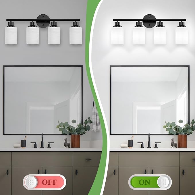 4-Light Bathroom Light Fixtures, Black Vanity Lights for Mirror with Textured Milky White Glass Shade, Modern Kitchen Light Fixtures Wall Sconce Light - E26 Base