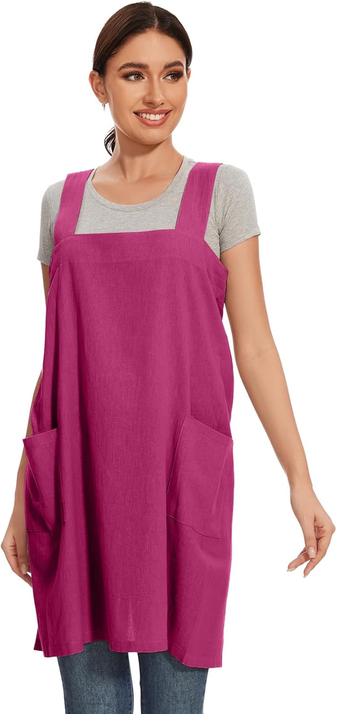 Women Apron with 2 Pockets Cotton Linen Kitchen Baking Cooking Chef Cross Back Pinafore Dress