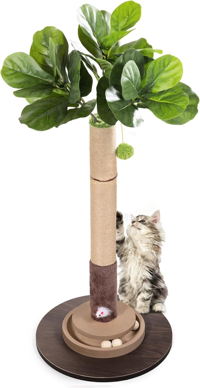 Cat Scratching Post, 35 Inch Tall Cat Scratcher Cat Tree Tower with Hanging Ball for Indoor Cats Adults,Fiddle Leaf Fig Sisal Rope Kitten Scratch with Interactive Mouse Cat Toy