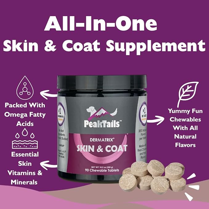 Kala Health PeakTails Skin & Coat Support for Dogs – 90 Chewable Tablets with MSM, Fish Oil, Omega-3 & Omega-6 – Supports Healthy Skin, Shiny Coat