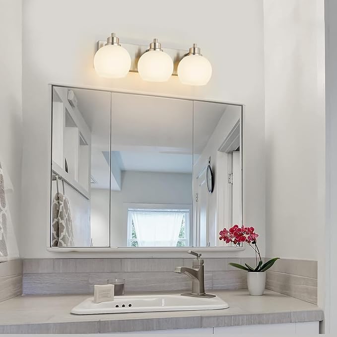 Tuscarora Bathroom Light Fixtures, Brushed Nickel Vanity Light 3 Light with Milk Glass Shade, Over Mirror Lighting for Bathroom