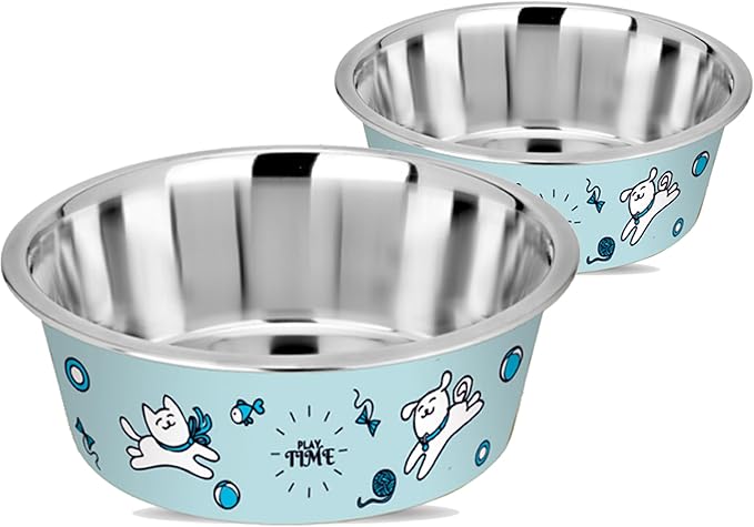 Stainless Steel Dog Bowls | Cat Bowls (Set of 2) - Anti Skid Dog Water Bowl | Cat Water Bowl - Dishwasher Safe - 13oz / 400ml – 12.3cm (Pale Turquoise Playtime Print)