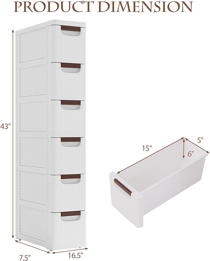 POWERSTONE 6-Drawer Plastic Rolling Storage Cabinet, Narrow Organizer Cart with 4 Wheels, Space-Saving Slim Mobile Utility Cart for Bedroom, Bathroom, Office & Classroom