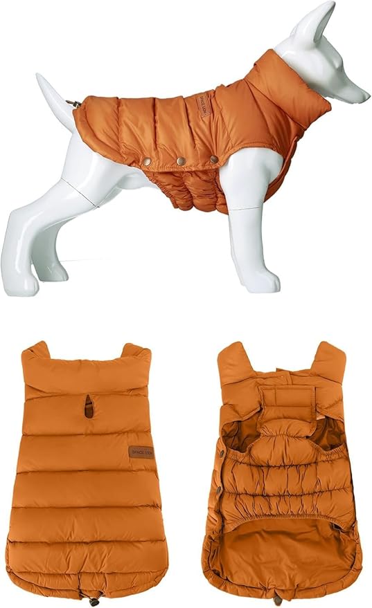 SPACE LION Dog Puffer Jacket, Down Winter Coat, Durable Outdoor Coat for Cold and Windy Conditions, Lightweight & Adjustable Fit Coats for Medium & Large Dogs, (Orange, Size 16 Gift Box)