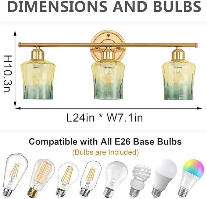 Modern 3-Light Glass Bathroom Light Over Mirror, Gold Vanity Light with Yellow Green Gradient Glass Shade, E26 Bathroom Vanity Light, for Kitchen, Hallway, Cabinet, Bedroom, Living Room