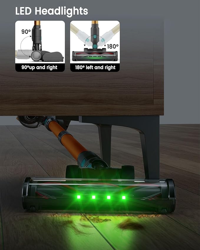 Cordless Vacuum Cleaner 650W 55KPA 60 Mins Vacuum Cleaners for Home, Powerful Stick Vacuum Green Light Anti-Tangle & Sofa Brush, Rechargeable Wireless Vacuum for Pet Hair/Carpet/Hardwood Floor, Gold | cordless stick, handheld, lightweight, rechargeable...