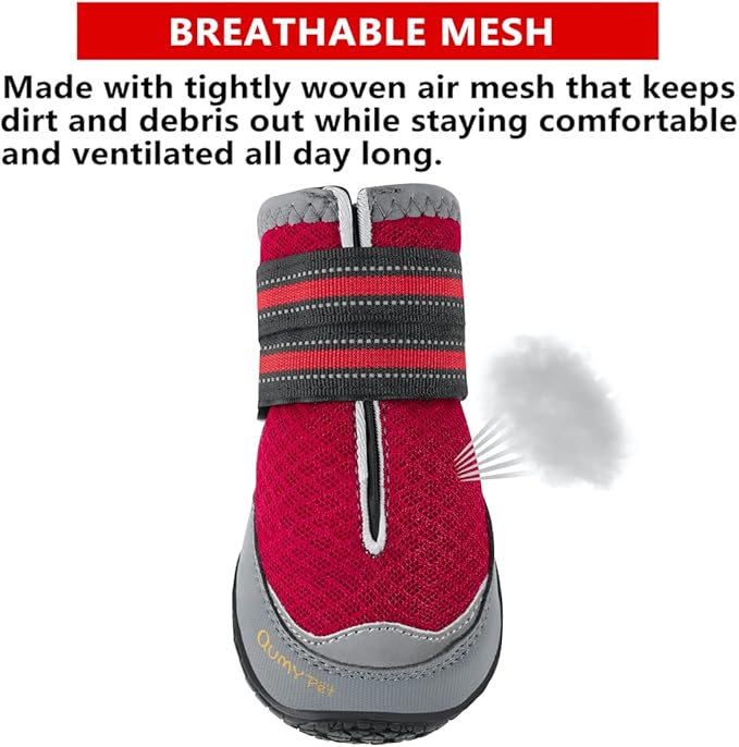 QUMY 4PCS Dog Boots for Large Dogs, Medium Dog Shoes & Paw Protectors for Hot Pavement, Summer Heat Protection, Mesh Breathable Nonslip Dog Booties for Hardfloors, Walking Running Hiking Red Size 7