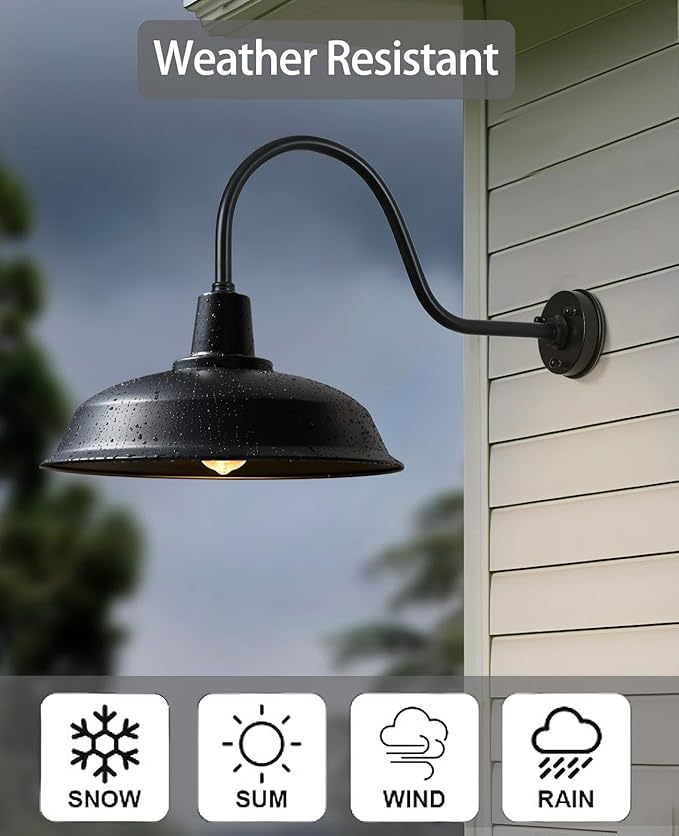 18 Inch Gooseneck Barn Light Outdoor, Large Matte Black Industrial Farmhouse Wall Light for Garage and Patio, ETL Listed, Weather-Resistant, E26 Base