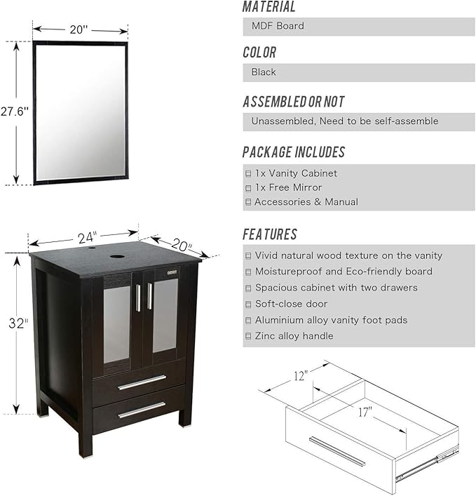 eclife 72" Modern Bathroom Vanity Sink Combo Freestanding Cabinet with Small Side Cabinet, White Rectangle Ceramic Vessel Sink, Water Save Faucet, Drain (Black+T03)