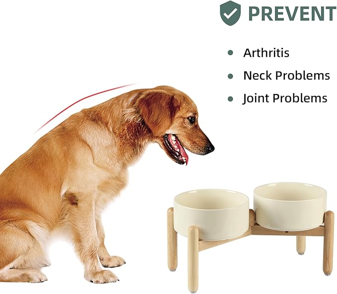 Ceramic 7.3inch Raised Double Bowls Set with Wooden Stand, Food & Water Bowls for Medium Breed Dogs, Weighted Dog Dishes, Pet Feeder(Light Yellow)