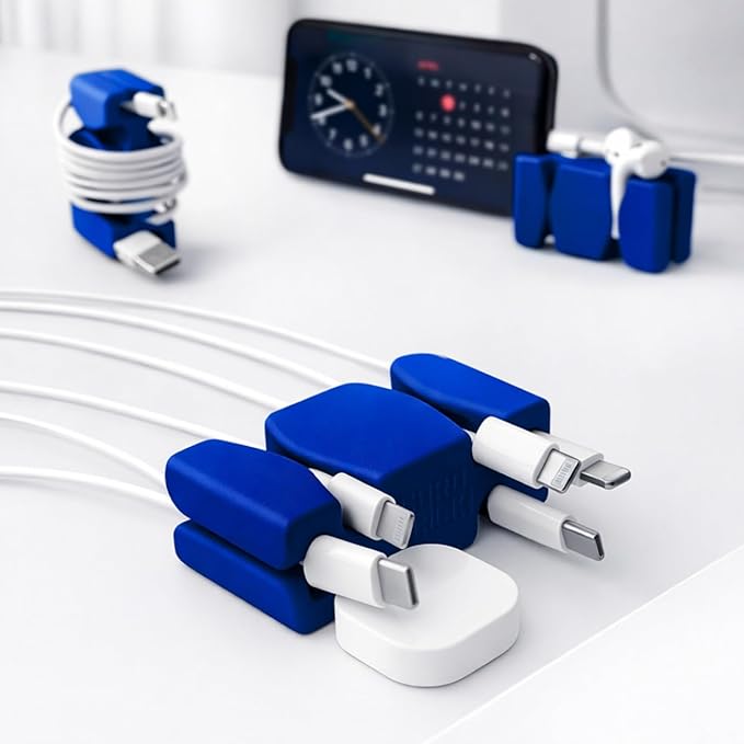 CordBrick Stocking Stuffers for Adults Cord Management Weighted Cord Holder Cable Wrap Phone Stand - Multiuse Gadget Organizer for Nightstand, Desk. Gift for Men, Durable Silicone. 6pk Blue