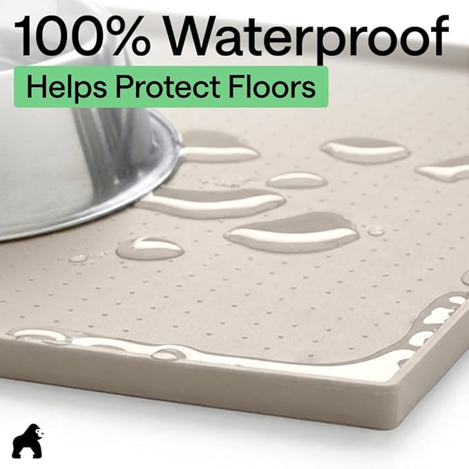 GORILLA GRIP 100% Waterproof Raised Edge BPA Free Silicone Pet Feeding Mat, Dog Cat Food Mats Contain Spills Protects Floors, Placemats for Cats and Dogs Water Bowl, Pets Accessories 32x24 Beige