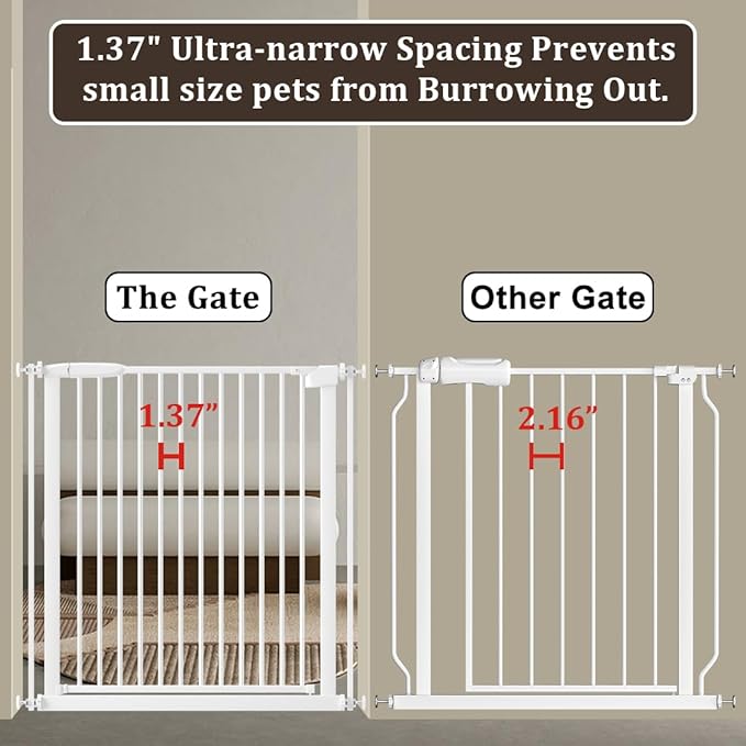WAOWAO 1.37" Ultra Narrow Spacing Extra Wide Baby Gate 57.67-61.61" Pressure Mounted Walk Through Double Lock Swing Auto Close Safety White Metal Toddler Child Dog Pet for Indoor,Doorway,Kitchen