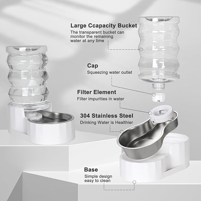 RIZZARI Automatic Gravity Pet Waterer: 7L White Stainless Steel Water Dispenser - Large Capacity with Triple Filter and Specialized Brush for Senior Dogs with Spinal Issues - for Living Room Bedroom