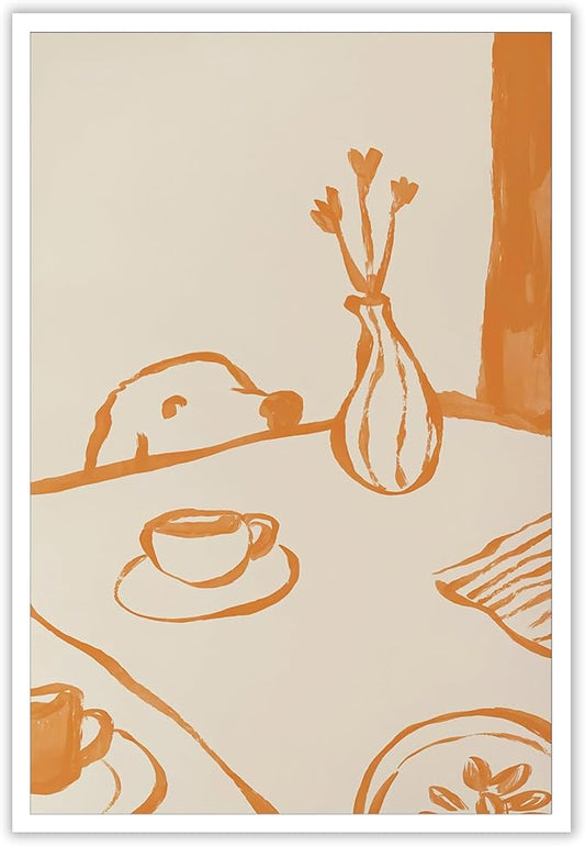 Cute Sneaky Dog Kitchen Poster Scandi Breakfast Coffee Canvas Wall Art Whimsical Abstract Animal Sketch Aesthetic Prints Painting For Living Room Kitchen Dining Room Wall Decor 8x12in Unframed