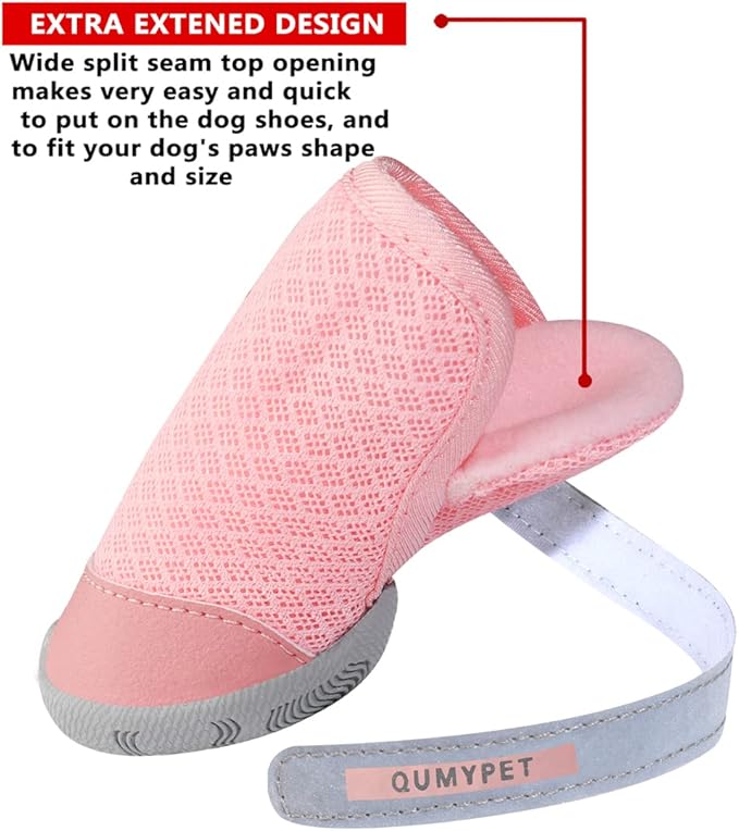 QUMY 4PCS Dog Shoes for Small Dogs, Hot Pavement Summer Puppy Dog Boots & Paw Protectors with Soft Anti-Slip Rubber Sole, Mesh Breathable Dog Booties for Hardfloors, Walking Running Pink Size 2