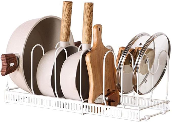 Expandable Pot and Pan Organizer Rack with 10 Adjustable Compartments, White Kitchen Cabinet Organizer for Lid, Bakeware, Cutting Board, Pantry & Countertop Storage