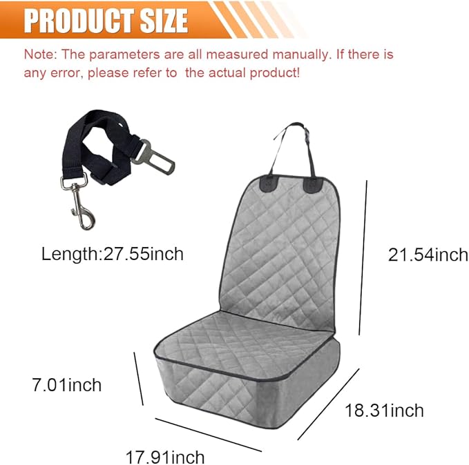 Dog Car Seat Cover, Waterproof & Scratch Proof Car Seat Protector with Side Flaps, Nonslip Front Car Seat Covers with Safety Belt, Universal Dog Mat for Cars, SUVs, Trucks (Grey)