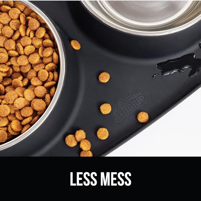 GORILLA GRIP Feeding Mat Bowl Set, 100% Waterproof BPA Free Silicone Base, 304 Stainless Steel Cat and Dog Bowls for Food and Water, Slip Resistant, High Edge, US Designed, Patent Pending, 2 Cup Black