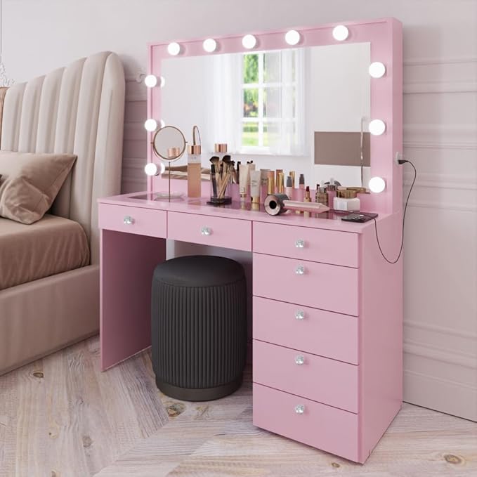 Boahaus Serena White Makeup Vanity with Mirror and 11 Lights, 7 Drawers, Glass Top, Crystal Knobs, USB-A & USB-C Ports, 110V Power Outlet, Bedroom Vanity Desk (Pink-1)
