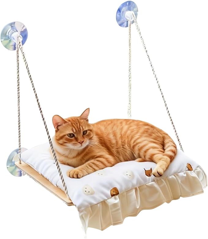 Cat Window Perch, Heavy Duty 20KG/44LB Suction Cup Hammock Bed with Soft Cushion, Secure & Stable Window Mount for Lazy Time, Bird Watching, Safe for Large Cats, 18.9"x14.5" (Little Bear)