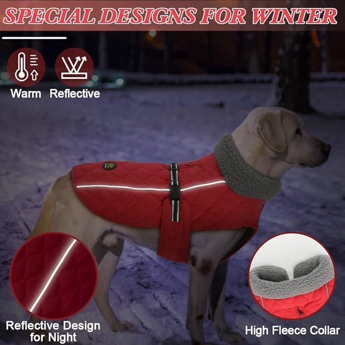 Dog Coat for Winter, Windproof Pet Apparel for Cold Weather - Fleece Lining Warm Winter Dog Coats, Adjustable Water Resistant Reflective Doggie Clothes for Large Dogs, Red XXL