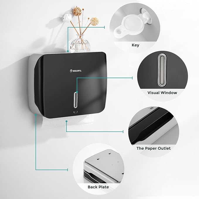 Paper Towel Holder Wall Mount - No-Drill Adhesive Multifold Paper Towel Dispenser for RV Bathrooms, Guest Suites & Compact Kitchens, Locking Commercial Design
