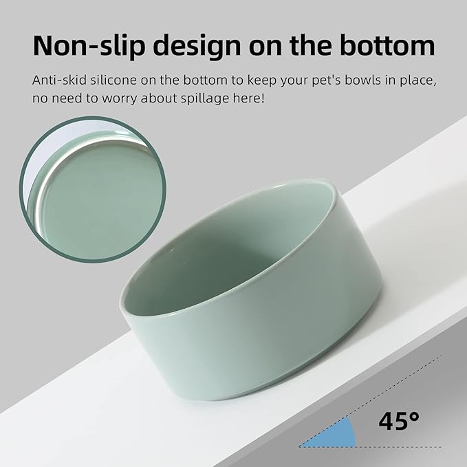 Ceramic 7.3inch Raised Double Bowls Set with Wooden Stand, Food & Water Bowls for Medium Breed Dogs, Weighted Dog Dishes, Pet Feeder(Light Green)