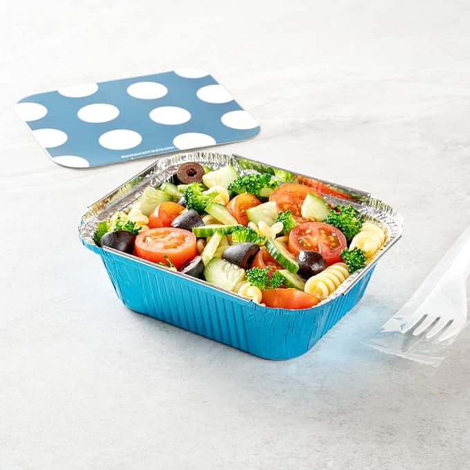 Restaurantware-12 Ounce Disposable Takeout Containers, 50 Rectangle Food Containers - With Polka Dot Lids, Blue Takeaway Containers, Aluminum Delivery Containers, Freezable