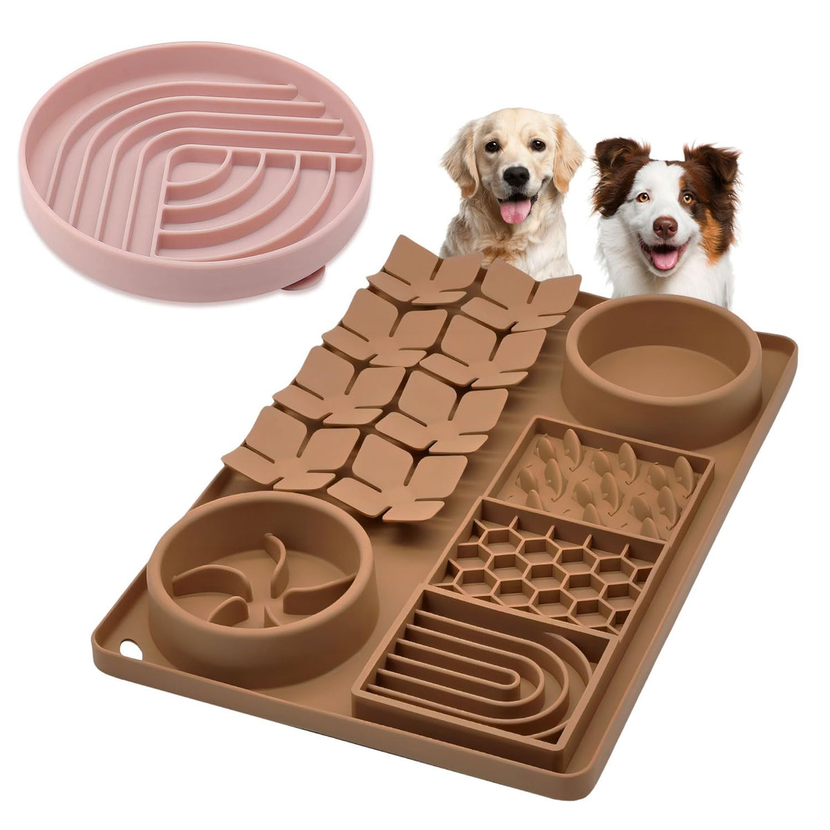 Slow Feeder Bowl Bundle: Brown 4in1 Licking mat + Pink Arch Slow Feeder, Silicone Lick Mat with Suction Cups, Snuffle mat for Dogs, Interactive Sniff Mat for Slow Eating and Keep Busy