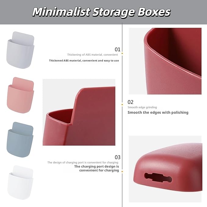 4-Pack Adhesive Wall Organizer, Multipurpose Stick-on Storage Box for Remote Phone Pen Keys, for Kitchen Bathroom Office (4 Colors) (Red)