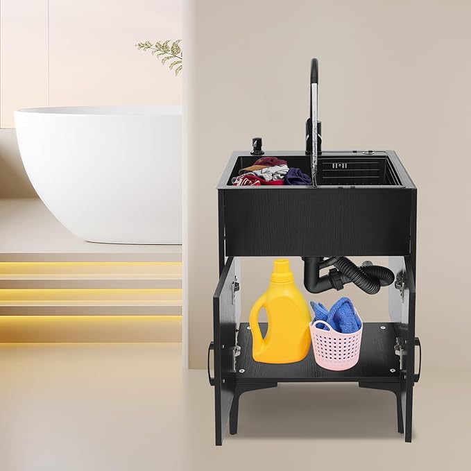20-Inch Laundry Sink with Cabinet & 360° Swivel Hot/Cold Faucet, Freestanding Kitchen Sink Cabinet with Stainless Steel Sink & Drain Basket, Black Cabinet with Sink for Laundry&Utility Room