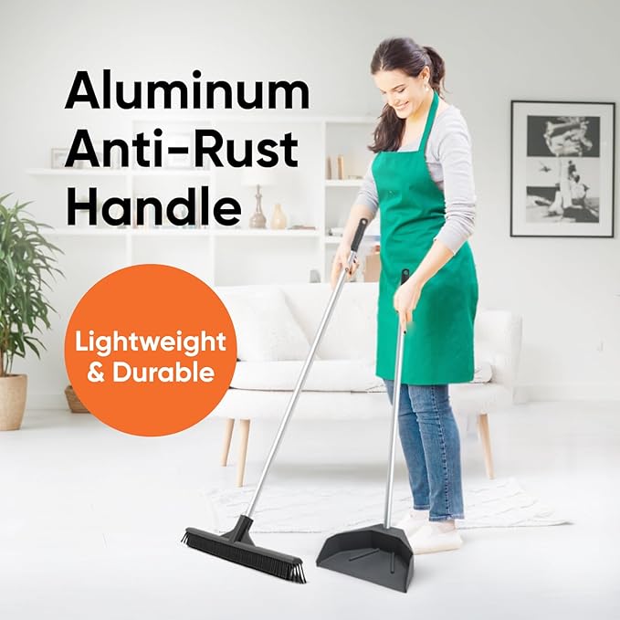 Superio Silicone Dust Pan with 35" Aluminum Long Handle & 16 Pet Hair Remover Silicone Broom - Lobby Dustpan Stand-Up & Carpet Rake Set for Hardwood, Tile, and Rugs - Gray