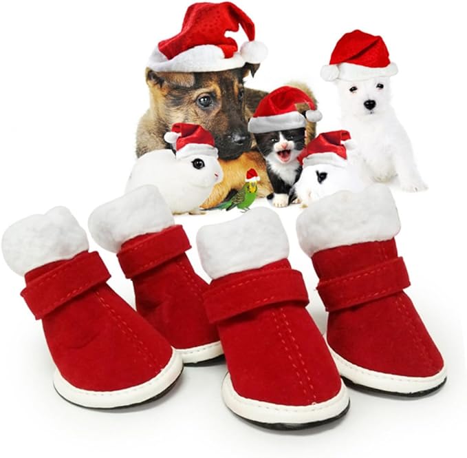 4Pcs Pet Dog Winter Shoes Red Windproof Booties Anti-Slip Paw Protectors for Dogs Outdoor Snow Mud Protection