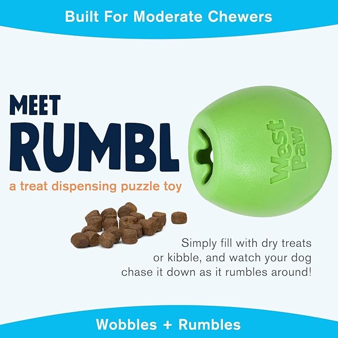 WEST PAW Zogoflex Rumbl Treat-Dispensing Dog Toy – Interactive Slow-Feeder Chew Toy for Dogs – Dog Enrichment Toy – for Moderate Chewers, Fetch, Catch – Holds Kibble, Treats (Jungle Green, Large)