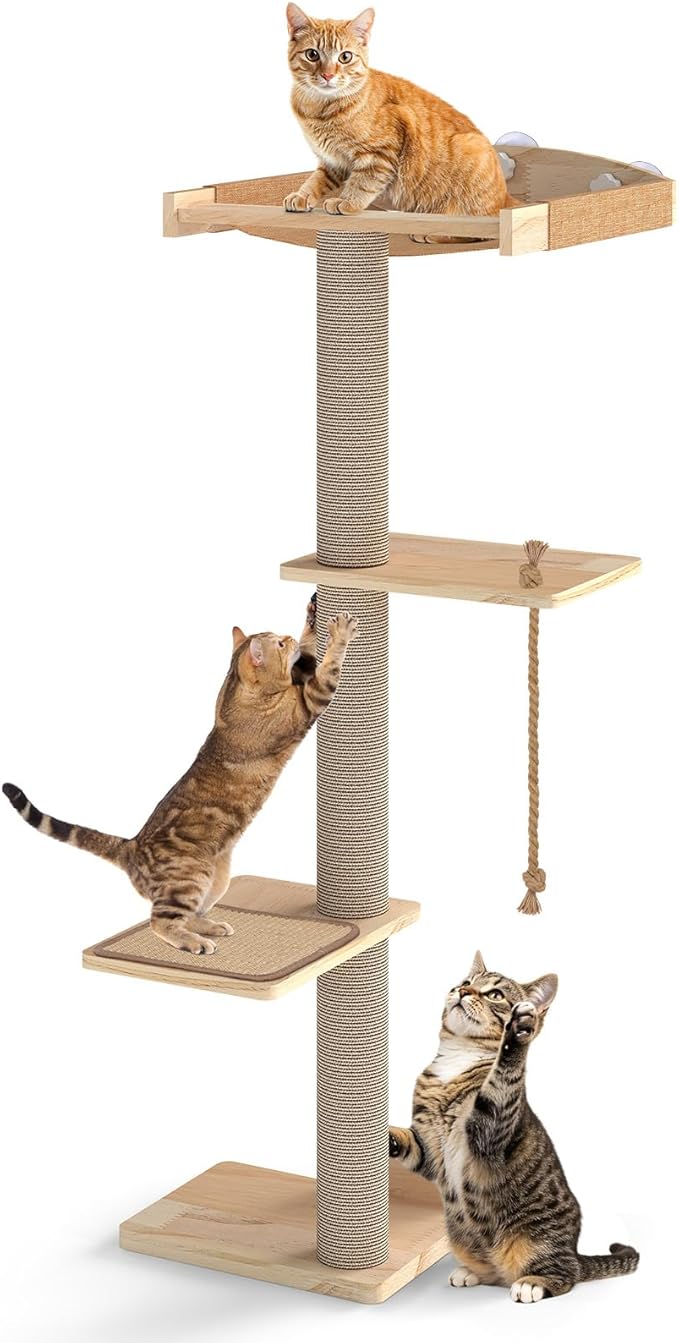 Cat Window Perch with Scratching Post, 47" Adjustable Window Perch for Large Cats with Hammock, Sisal Scratching Posts, Suction Cups, Multi-Level Cat Tree for Climbing, Sunbath, Bird Watching