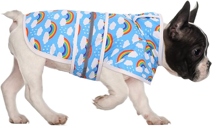 HDE Dog Raincoat Jacket Reflective Adjustable Hooded Pet Poncho Rain Coat with Leash Hole for Small to X-Large Dogs Rainbows - S