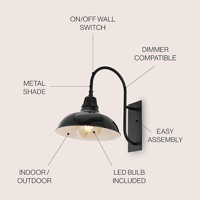 JONATHAN Y JYL7614B Stanley 12.25" 1-Light Farmhouse Industrial Indoor/Outdoor Iron LED Gooseneck Arm Outdoor Sconce Metal Bowl Shade Vintage Cottage Rustic Porch Patio Yard Barn, Black