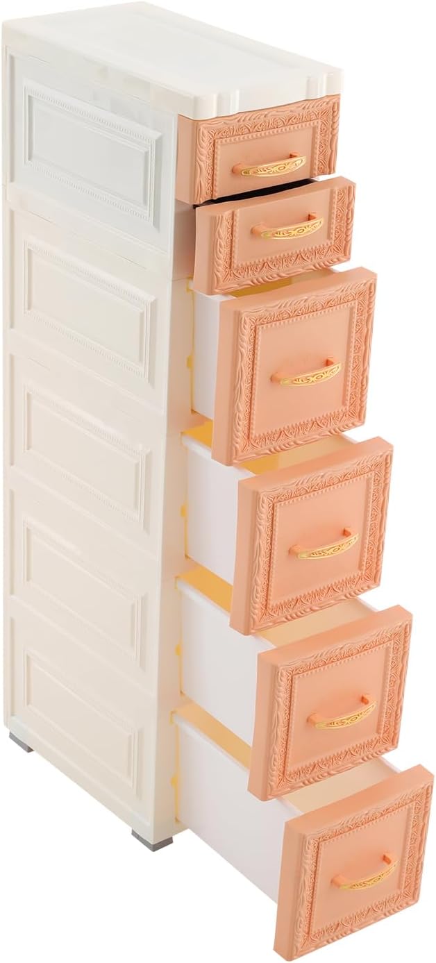 5-Tier Plastic Drawers Storage Dresser, 33"H Narrow Slim Storage Organizer Vertical Drawer Unit, Rolling Thin Storage Tower with Wheels for Small Spaces Gaps Home Furniture (Orange)
