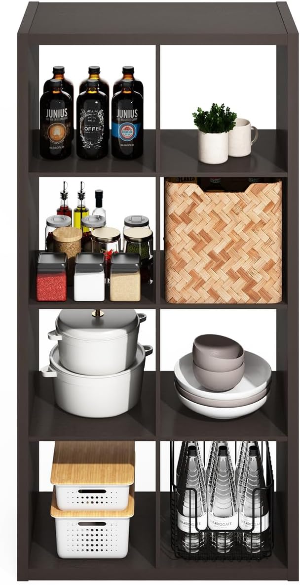 Furinno Hermite 8-Cube Open Shelves Kitchen Storage, Kitchen Island, Bakers Rack, Buffet Sideboard, Black Dark Oak