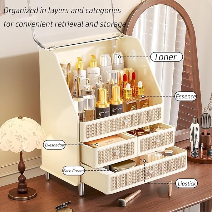 Large Cosmetic Storage Box Dustproof And Waterproof. Display Case with Drawers Countertop Vanity Organizer for Skincare, Lipsticks, Perfume – Bathroom Cosmetic Storage Display Box (Black)