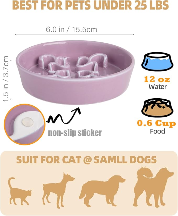 Slow Feeder Dog Bowl, 0.6 Cups Ceramic Dog Food Dish for Fast Eaters Small Breed, Puzzle Bowl for Small Dogs and Cats(Dark Purple)