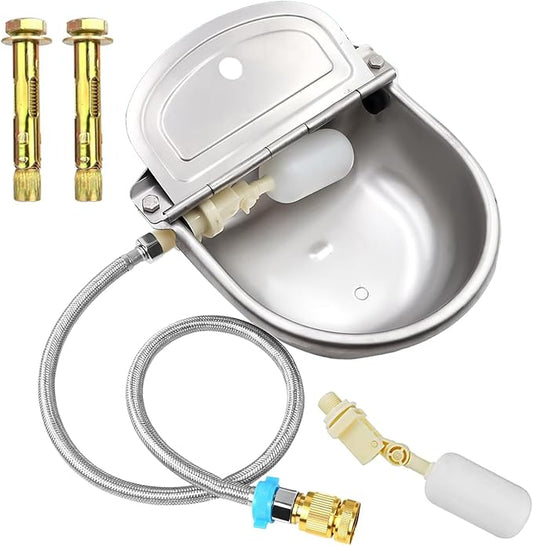 Automatic Animal Water Bowl with Float Valve, 304 Stainless Steel Livestock Water Dispenser for Dog Horse Goat Pig Cow Livestock Water Bowl Kit Includes Bowl, Pipe, 2 Valves, Quick Connector Adapter