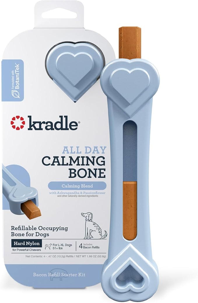 Kradle Calming Dog Bone - Refillable Chew Toy - Ashwagandha GABA - Supports Relaxation - 8" Nylon Bone
