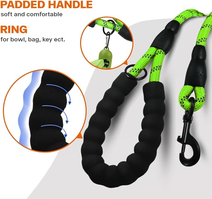 Taglory Rope Dog Leash 4 FT with Comfortable Padded Handle, Highly Reflective Threads Leash for Medium Large Dogs, 1/2 inch, Green
