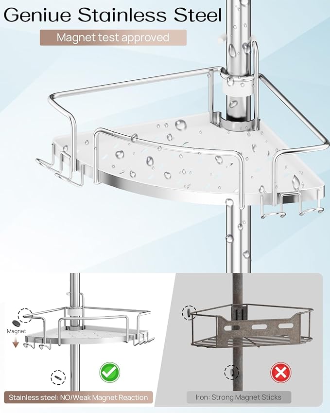 ALLZONE Corner Shower Caddy Tension Pole, 4 Repositionable Hang-On Baskets with Mixed-Height Shelves for Various Bottle Sizes, 4 Dual Hooks & Soap Holder, Rustproof Stainless Steel, Fits 34–116 Inch