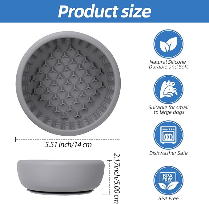 Dog Lick Bowl,Silicone Slow Feeder Bowls for Dogs ，Anxiety Relief Lick Mat for Dogs, Interactive and Enrichment Toys(Grey, Small