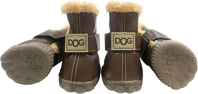 Winter Dog Boots & Paw Protectors: Outdoor Anti-Slip Dog Snow Shoes, Dog Booties Provide Warmth to Dogs Paws from Ice and Snow, Rubber Sole PU Leather Faux Fleece-Lined, Dark Brown Dog Shoes Size 3
